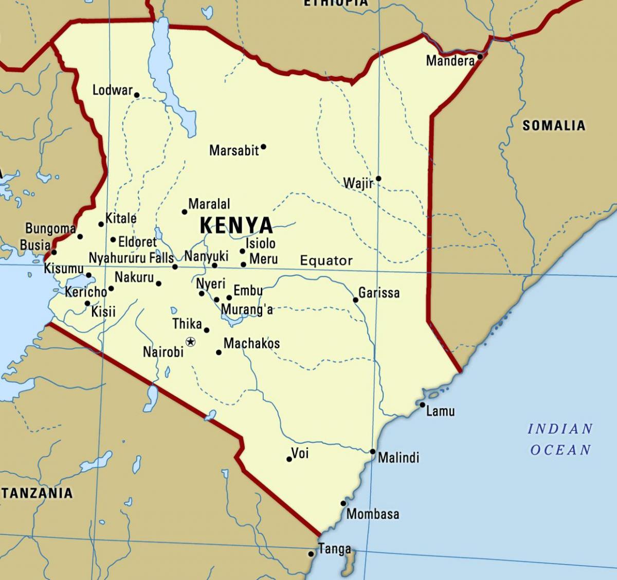 मानचित्र केन्या के शहरों के साथ
